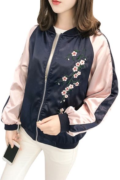 Street Fashion Floral Embroidered Color Block Zip Up Baseball Jacket