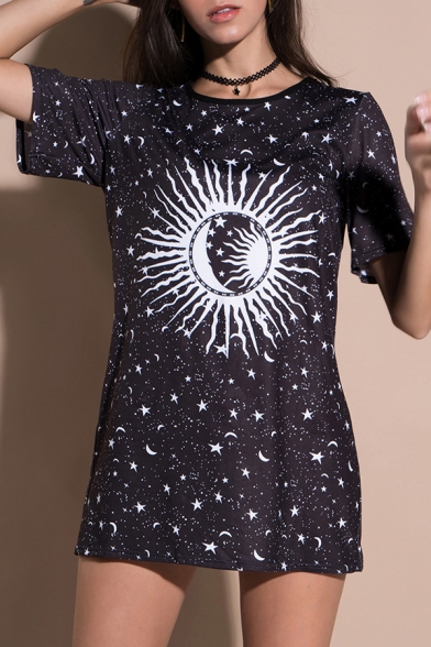 Sun Moon Star Printed Round Neck Short Sleeve Mini T-Shirt Dress
