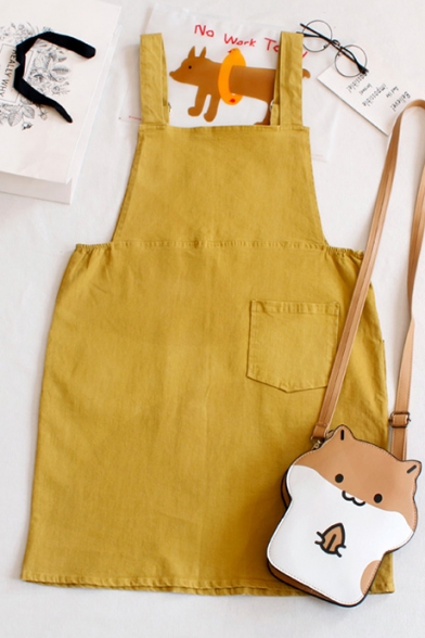 Trendy Teddy Bear Letter Embroidered Pocket Detail Overall Dress