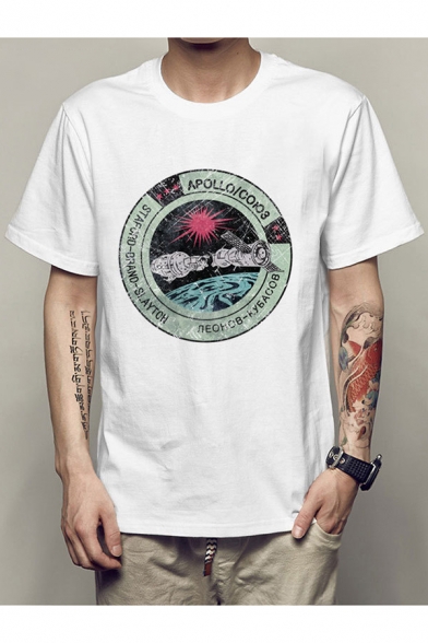 Unique Spacecraft Universe Letter Print Round Neck Short Sleeves Casual Tee