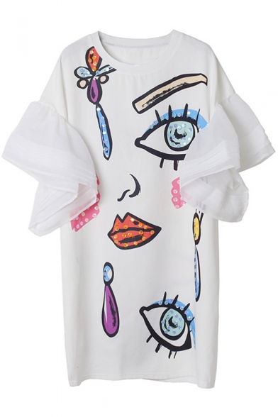Abstract Eye Mouth Face Pattern Ruffle Chiffon Patchwork Mini T-shirt Dress