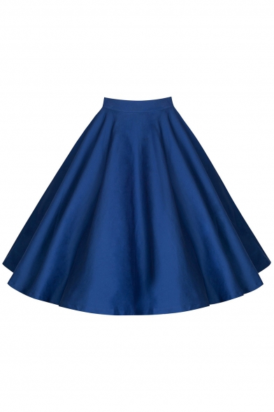 Basic Plain Elegant Flare Zip Up Midi A-Line Skirt