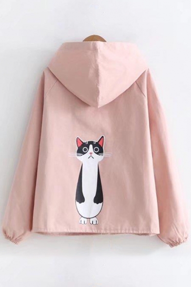 Chic Cat Cartoon Print Drawstring Waist Single Breasted Hooded Jacket