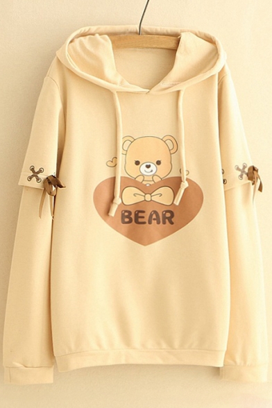 Childish Bear Sweetheart Letter Print Lace-up Detail Pullover Layered Hoodie