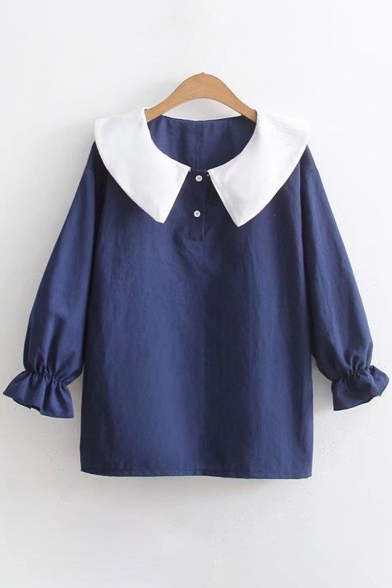 Contrast Peter Pan Collar 3/4 Length Sleeve Double Buttons Blouse