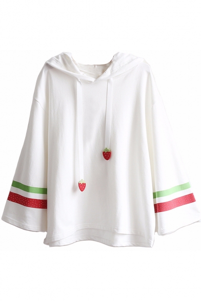 Contrast Striped Strawberry Pattern Embellished Loose Leisure Long Sleeve Hooded Tee