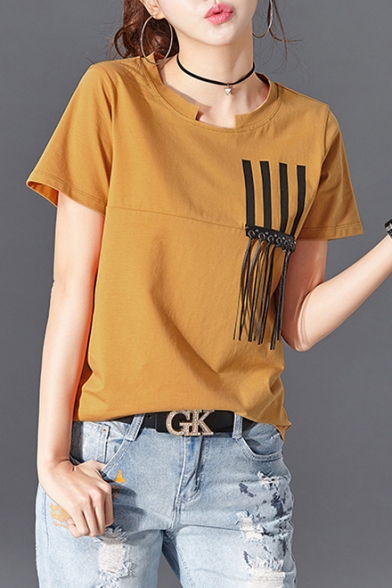 Cut Out Round Neck Tassel Embellished Short Sleeve Leisure Tee
