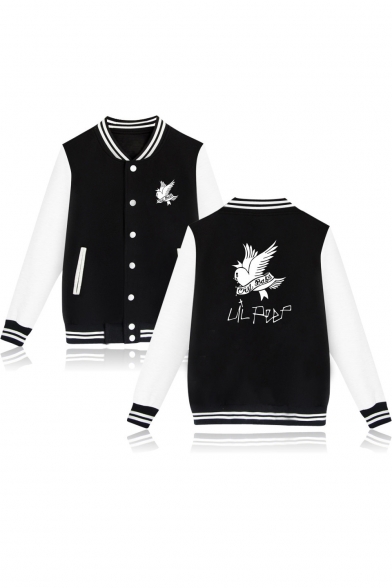 

Cute Bird Letter Print Single Breasted Color Block Pockets Baseball Jacket, LC465892, Black;pink;gray;navy