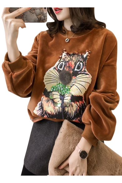 Cute Chipmuck Animal Print Pompom Detail Round Neck Long Sleeves Velvet Sweatshirt