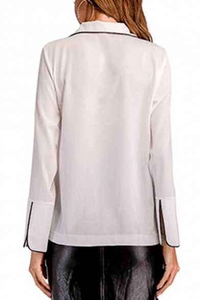 Elegant Contrast Trim Button Front Notched Lapel Chest Pocket Shirt