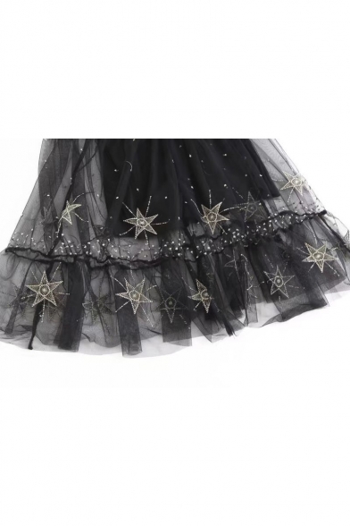 Fairylike Round Neck Star Embroidered See Through Ruffle Hem Two Pieces Midi Dress