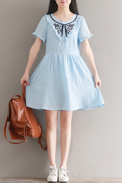 Floral Embroidered Round Neck Short Sleeve Ruffle Detail Mini A-Line Dress