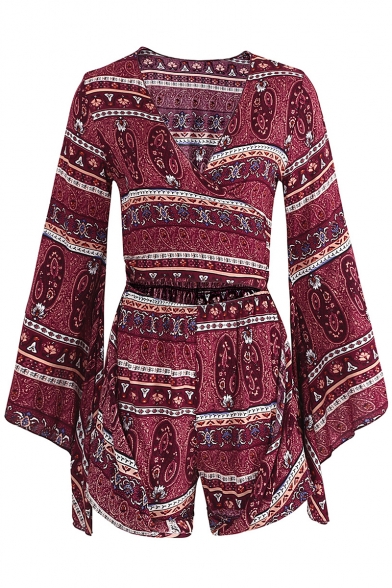 Folk Style Printed Sexy V Neck Tied Front Long Sleeve Hollow Out Romper