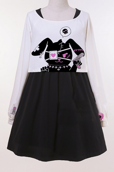 Girlish Fashion Rabbit Cartoon Print Loose Cropped Top with Plain Mini Tank Dress