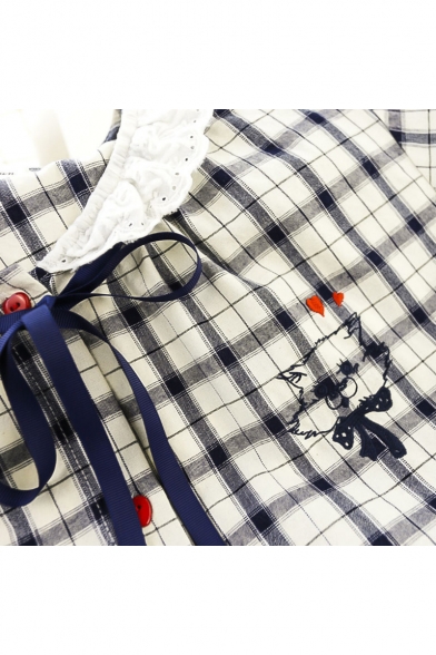 Girlish Tartan Plaids Ruffle Collar Button Front Bow Neck Cat Embroidered Shirt