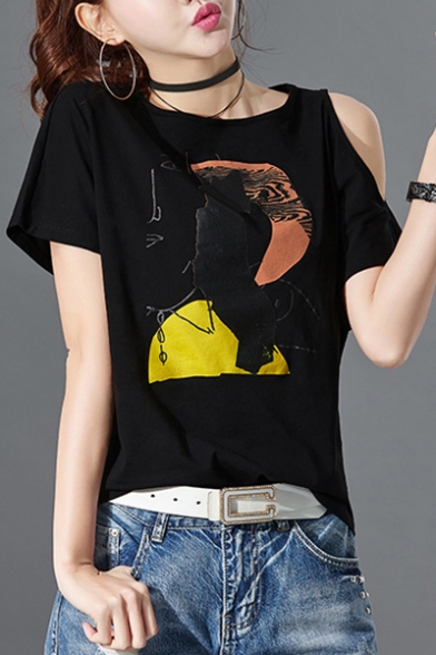 Graffiti Printed Round Neck Cut Out Short Sleeve Tee