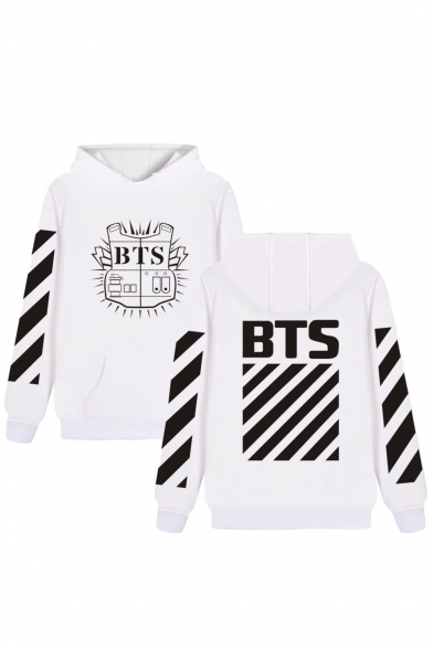 Hot Fashion Striped Symbol Letter Print Long Sleeves Pullover Hoodie with Pocket