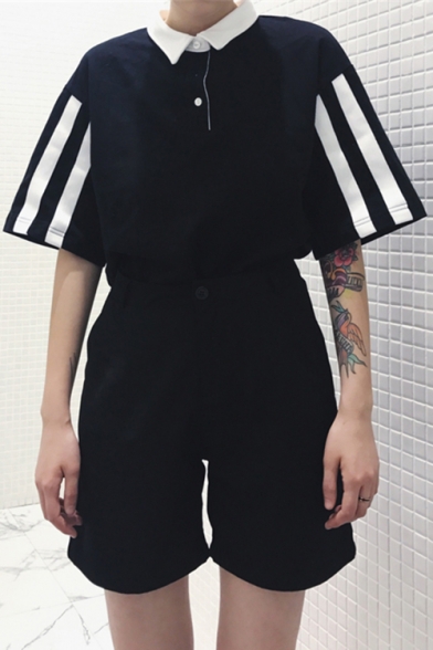 Leisure Striped Pattern Lapel Button Detail Half Sleeve Loose Polo Tee