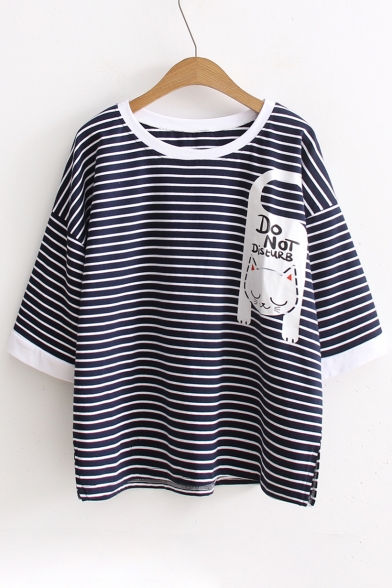 Lovely Cartoon Cat Letter Printed Striped Round Neck Short Sleeve Tee