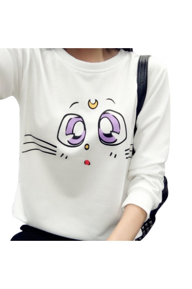 Lovely Cat Cartoon Face Print Round Neck Long Sleeves Pullover Sweatshirt