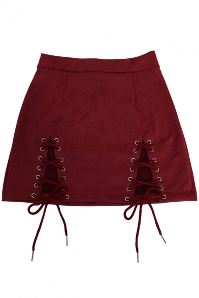 New Arrival Sexy Plain Lace Up Embellished Mini A-Line Skirt