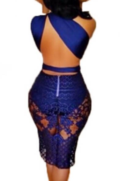 New Trendy Sexy Lace Insert One Shoulder Hollow Out Midi Pencil Dress