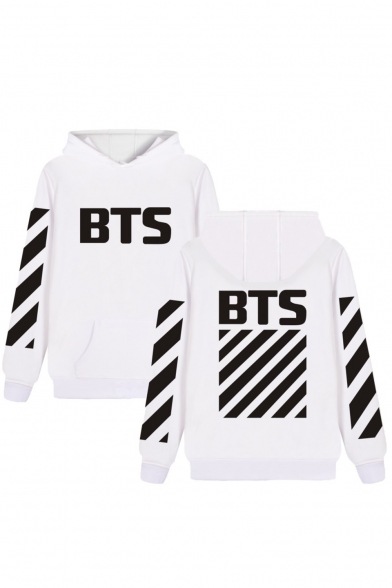 Pop Fashion Letter Striped Print Long Sleeves Pullover Hoodie with Pocket