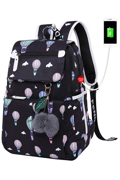 Pop Fashion Hot Air Balloon Pattern Pompom Detail Zippered Backpack School Bag