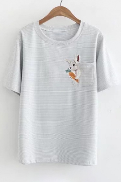 Rabbit Embroidered Detail Pocket Striped Printed Round Neck Short Sleeve Tee