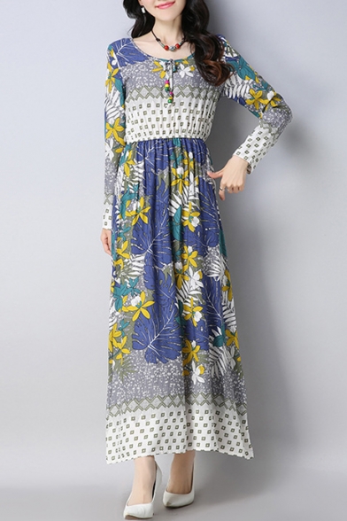 Retro Floral Print Round Neck Long Sleeve Maxi A-line Dress
