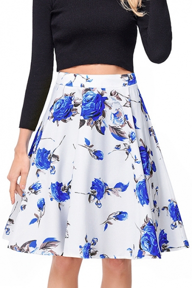 Retro Floral Printed Zipper Fly Leisure Midi A-Line Skirt