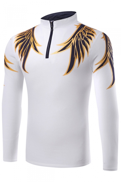 Stylish Wings Feather Print Zipper Detail High Neck Slim Fit Men's Tee