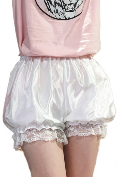 Summer Collection Lace Panel Elastic Waist Plain Loose Shorts