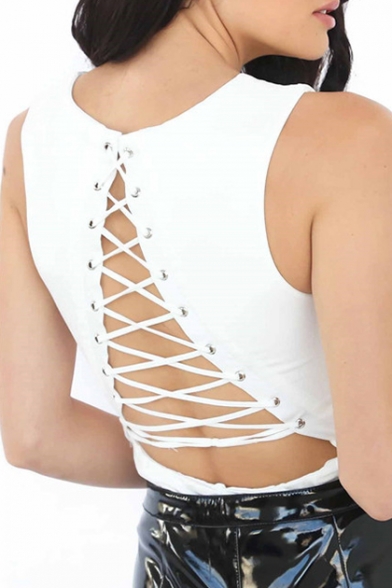 Lace-up Hollow Out Back Sleeveless Plain Slim Fit Bodysuit