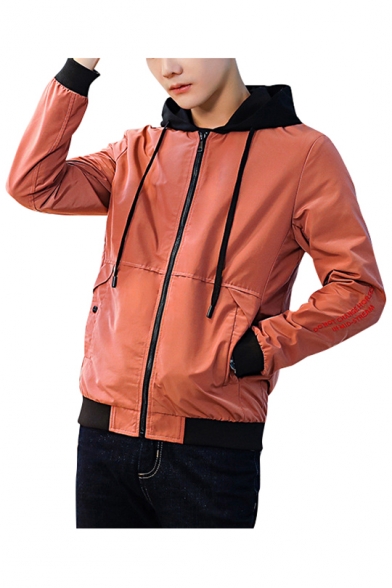 Letter Embroidered Color Block Long Sleeves Zippered Hooded Jacket