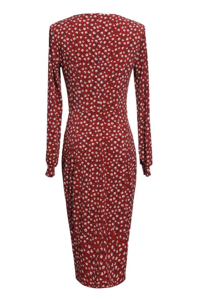 Trendy Allover Pattern V-Neck Long Sleeve Ruched Waist Pencil Midi Dress