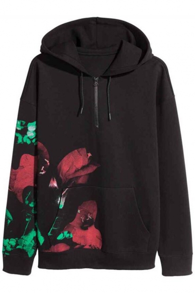 Trendy Floral Print Zipper Detail Long Sleeves Pullover Hoodie