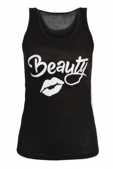 Unisex Fashion Scar Mouth Lips BEAST BEAUTY Letter Print Summer Tank