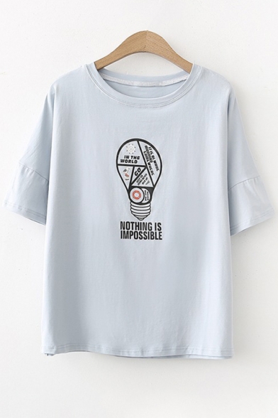 Bulb Letter Printed Round Neck Short Sleeve Graphic Tee