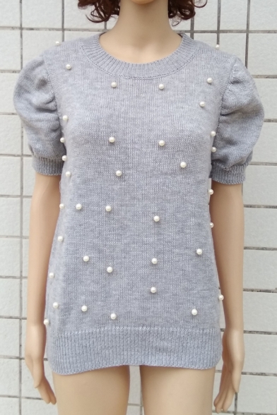Chic Beaded Round Neck Short Sleeve Knitted Plain Pullover Sweater