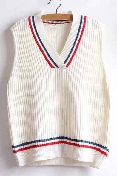 Chic Contrast Striped V Neck Sleeveless Pullover Vest Sweater