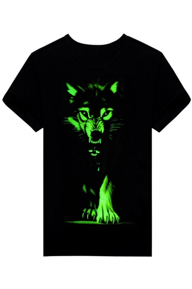 Chic Wolf Print Round Neck Short Sleeves Casual Popular Tee