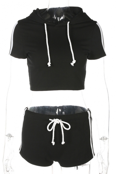 Contrast Striped Printed Side Short Sleeve Cropped Hooded Top with Drawstring Waist Shorts Co-ords
