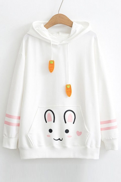 Cute Cartoon Rabbit Striped Print Carrot Drawstring Ear Pocket Hoodie