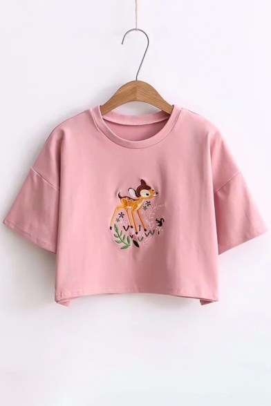 Cute Deer Embroidered Round Neck Short Sleeve Cropped Tee