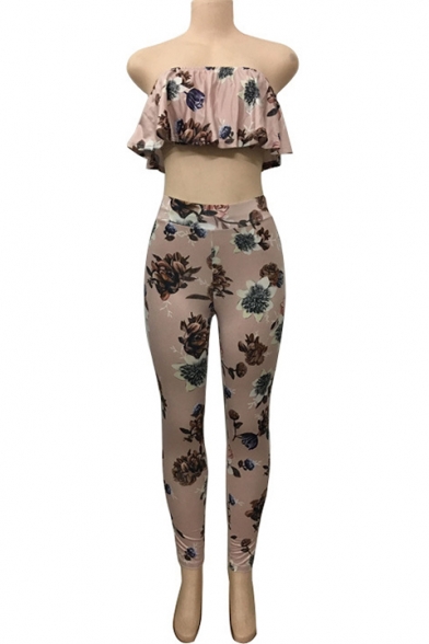 Daily Fashion Floral Print Off the Shoulder Ruffle Bandeau Top with High Waist Pants