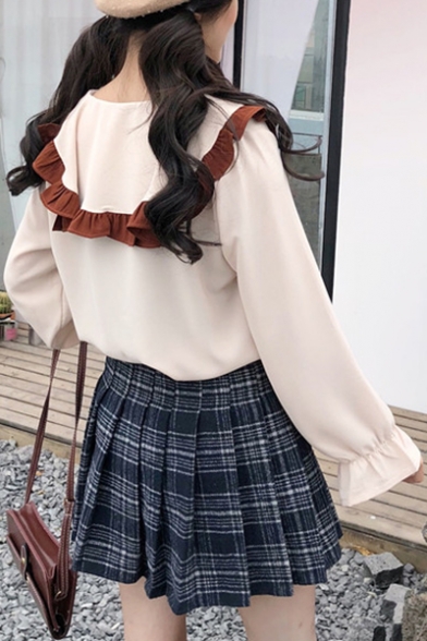 Doll Collar Color Block Long Sleeve Buttons Down Shirt