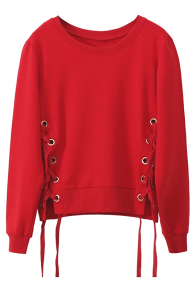 Fashion Leisure Lace Up Side Round Neck Long Sleeve Pullover Sweatshirt