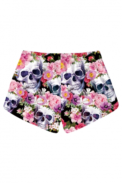 Floral Skull Printed Drawstring Waist Leisure Beach Shorts with Pockets