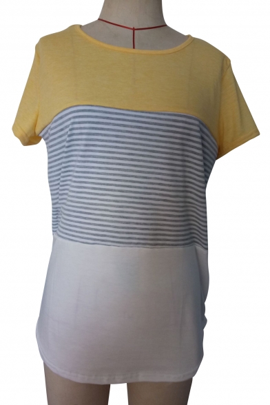 Color Block Striped Pattern Round Neck Short Sleeves Casual Tee